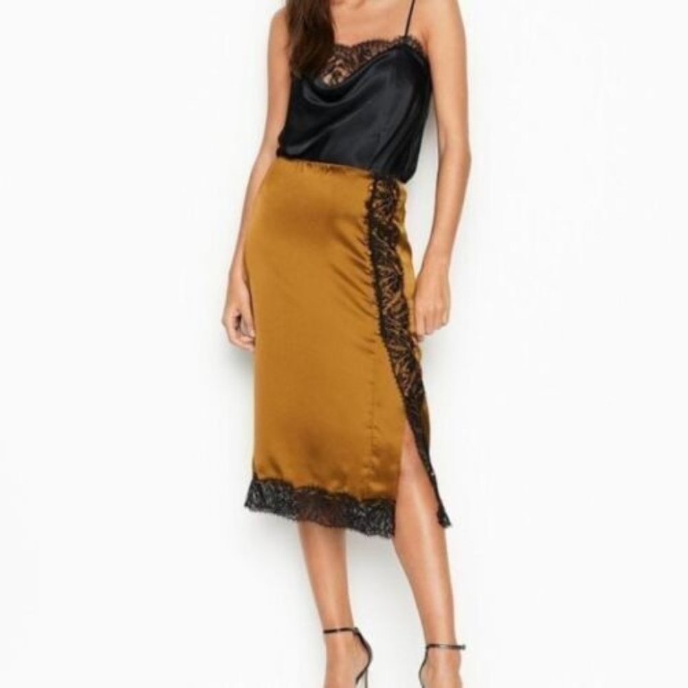 Victoria's Secret Satin Midi Skirt in Mustard Gold with Black Lace Trim